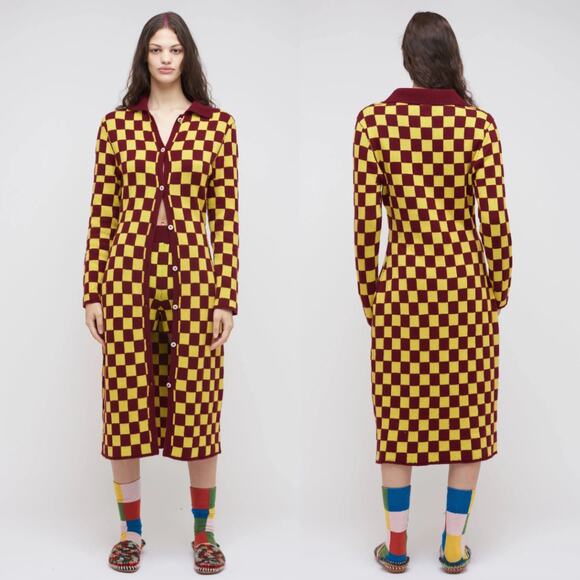 The Elder Statesman | Cabernet Yellow Checkered Cashmere Knit Cardigan Dress S - Picture 15 of 15